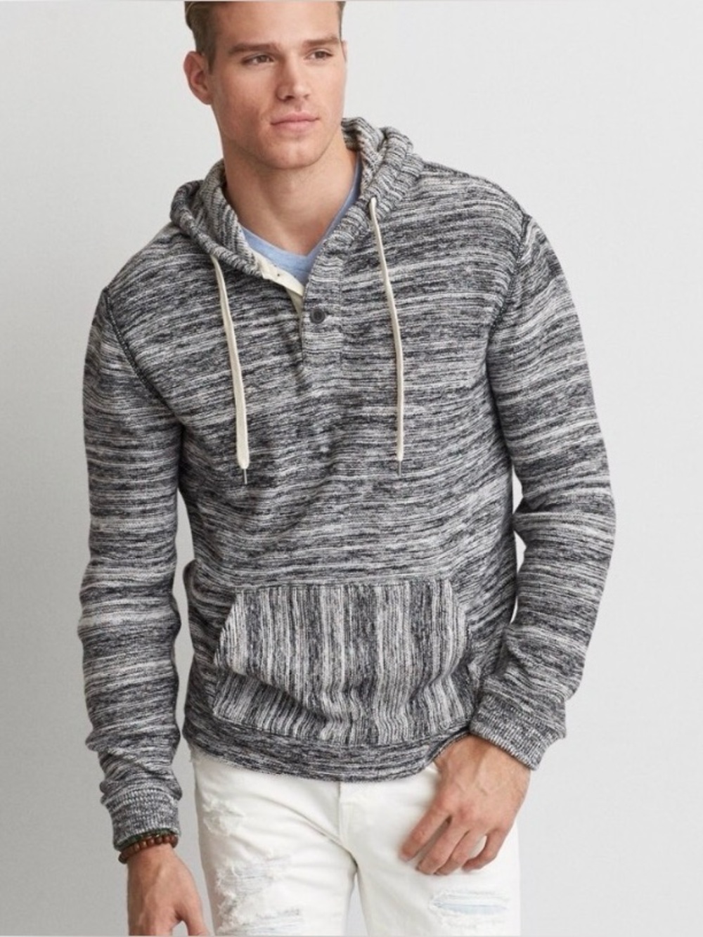 NEW American Eagle Men's Henley Pullover Sweater Size XL Hoodie Cotton Gray